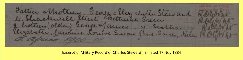 Excerpt of Military Record of Charles Steward : Enlisted 17 Nov 1884