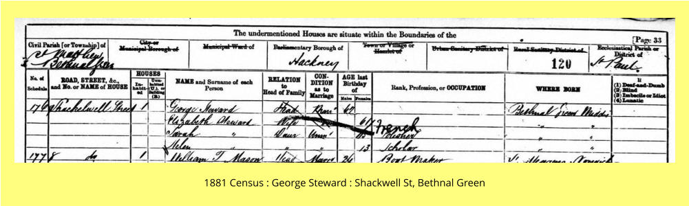1881 Census : George Steward : Shackwell St, Bethnal Green