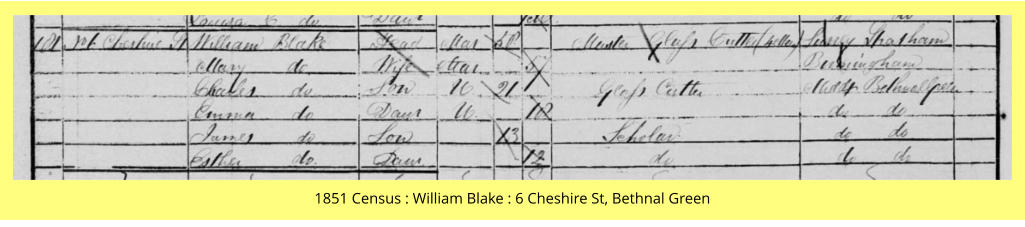 1851 Census : William Blake : 6 Cheshire St, Bethnal Green