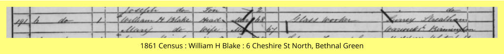 1861 Census : William H Blake : 6 Cheshire St North, Bethnal Green