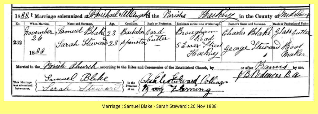 Marriage : Samuel Blake - Sarah Steward : 26 Nov 1888