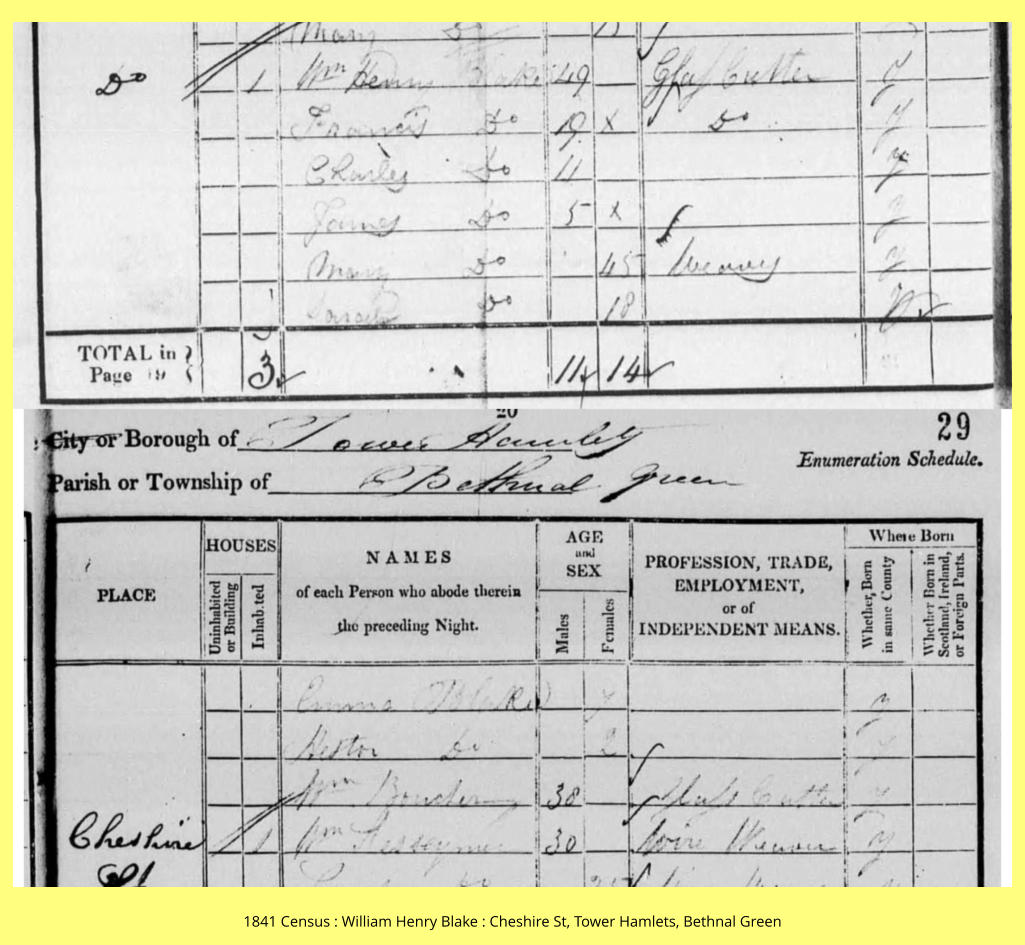 1841 Census : William Henry Blake : Cheshire St, Tower Hamlets, Bethnal Green