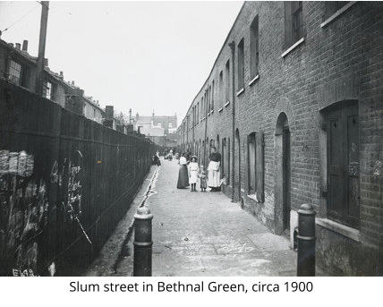 Slum street in Bethnal Green, circa 1900