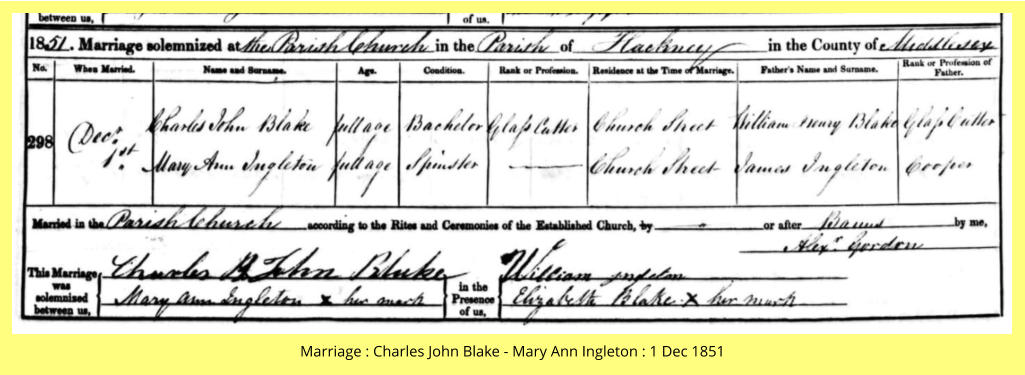Marriage : Charles John Blake - Mary Ann Ingleton : 1 Dec 1851