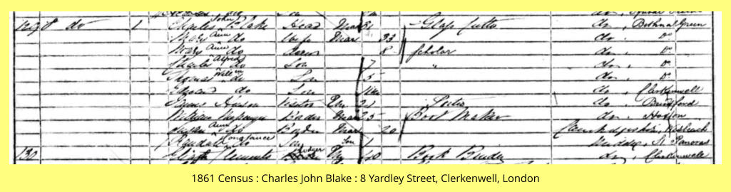 1861 Census : Charles John Blake : 8 Yardley Street, Clerkenwell, London