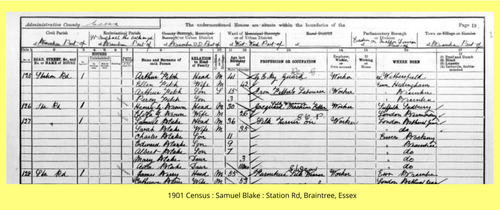 1901 Census : Samuel Blake : Station Rd, Braintree, Essex
