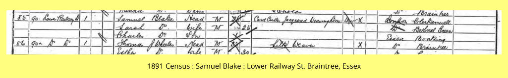 1891 Census : Samuel Blake : Lower Railway St, Braintree, Essex