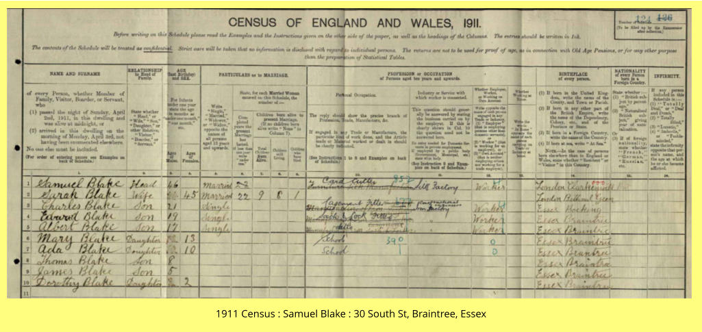 1911 Census : Samuel Blake : 30 South St, Braintree, Essex