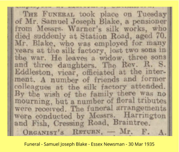 Funeral - Samuel Joseph Blake - Essex Newsman - 30 Mar 1935