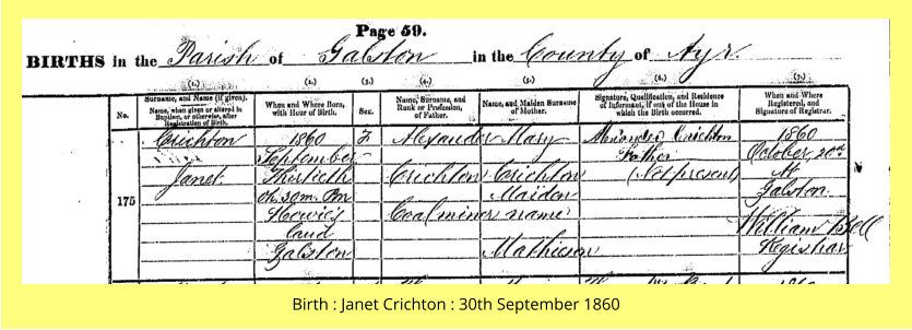 Birth : Janet Crichton : 30th September 1860