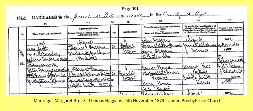 Marriage : Margaret Bruce - Thomas Haggans : 6th November 1874 : United Presbyterian Church