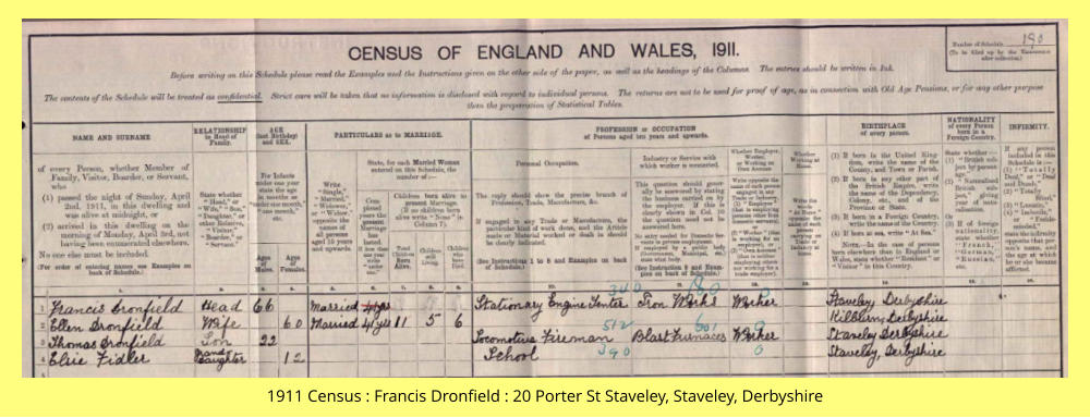 1911 Census : Francis Dronfield : 20 Porter St Staveley, Staveley, Derbyshire