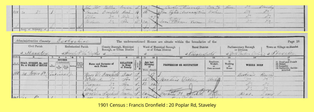 1901 Census : Francis Dronfield : 20 Poplar Rd, Staveley