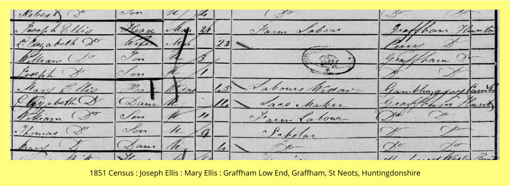 1851 Census : Joseph Ellis : Mary Ellis : Graffham Low End, Graffham, St Neots, Huntingdonshire