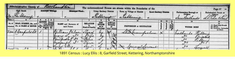 1891 Census : Lucy Ellis : 8, Garfield Street, Kettering, Northamptonshire