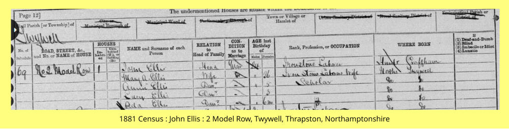 1881 Census : John Ellis : 2 Model Row, Twywell, Thrapston, Northamptonshire