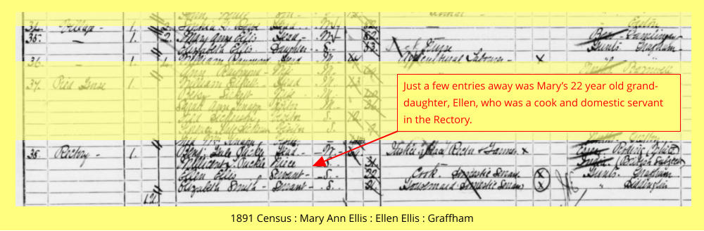 1891 Census : Mary Ann Ellis : Ellen Ellis : Graffham Just a few entries away was Mary’s 22 year old grand-daughter, Ellen, who was a cook and domestic servant in the Rectory.