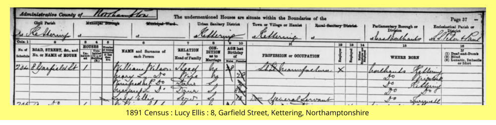 1891 Census : Lucy Ellis : 8, Garfield Street, Kettering, Northamptonshire