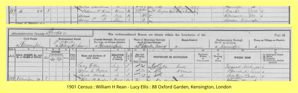 1901 Census : William H Rean - Lucy Ellis : 88 Oxford Garden, Kensington, London