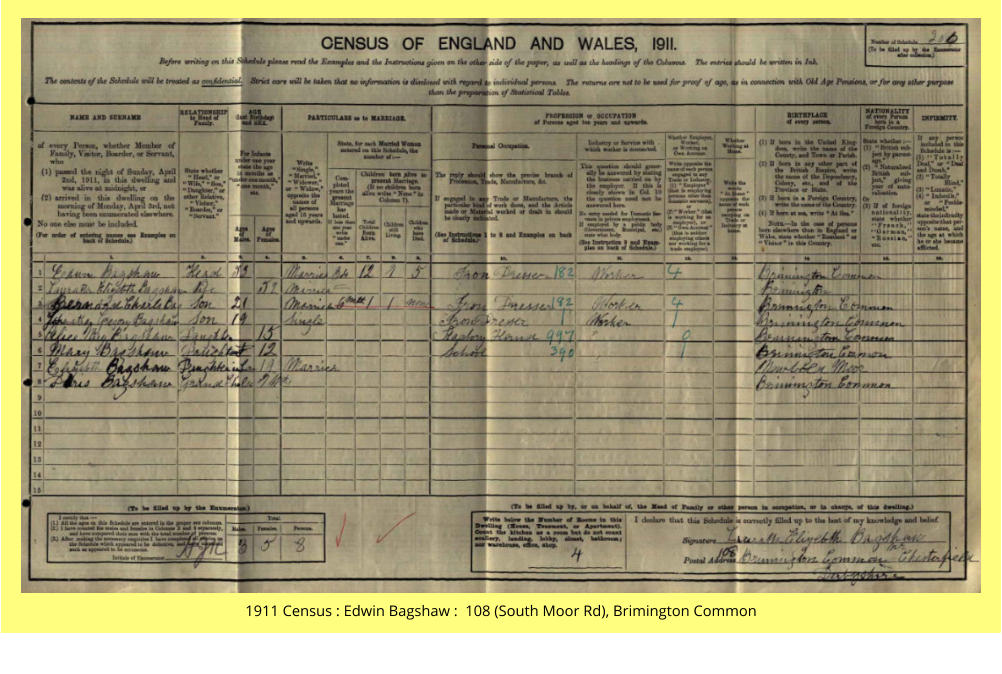 1911 Census : Edwin Bagshaw :  108 (South Moor Rd), Brimington Common