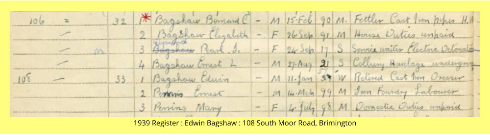 1939 Register : Edwin Bagshaw : 108 South Moor Road, Brimington