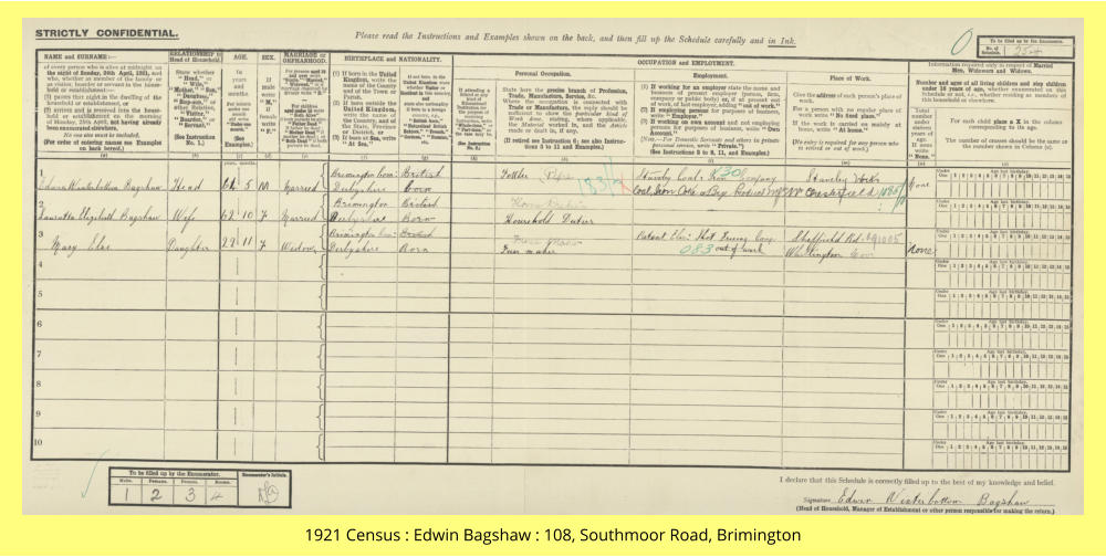 1921 Census : Edwin Bagshaw : 108, Southmoor Road, Brimington