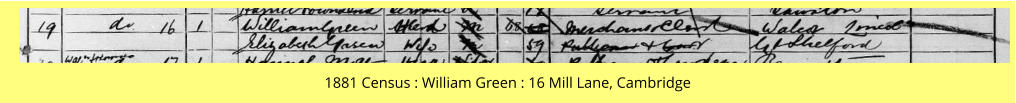 1881 Census : William Green : 16 Mill Lane, Cambridge