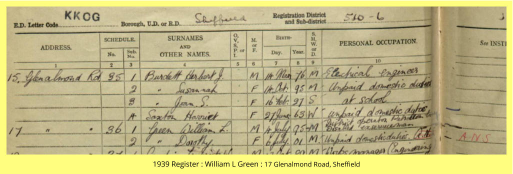 1939 Register : William L Green : 17 Glenalmond Road, Sheffield