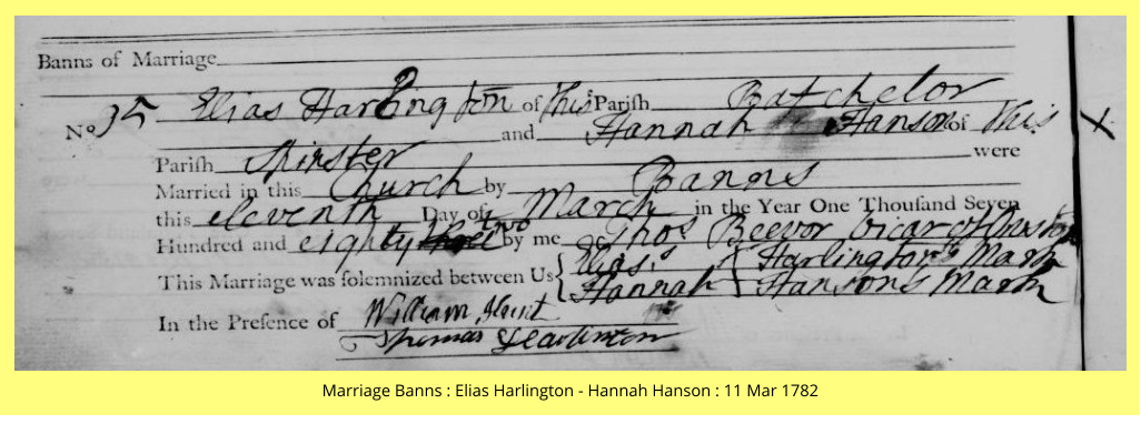 Marriage Banns : Elias Harlington - Hannah Hanson : 11 Mar 1782