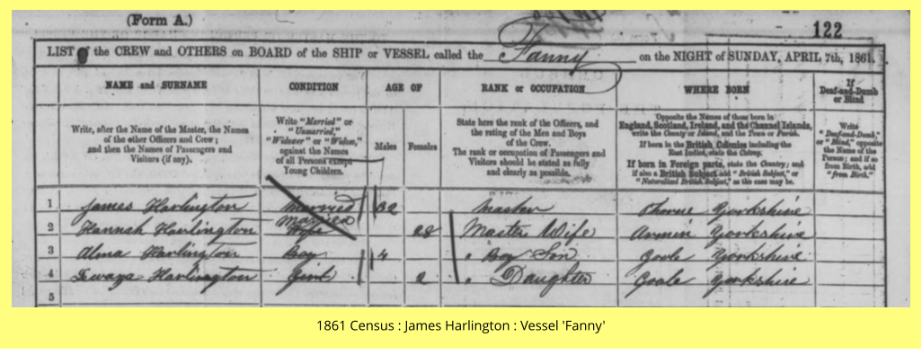 1861 Census : James Harlington : Vessel 'Fanny'