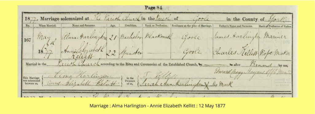 Marriage : Alma Harlington - Annie Elizabeth Kellitt : 12 May 1877