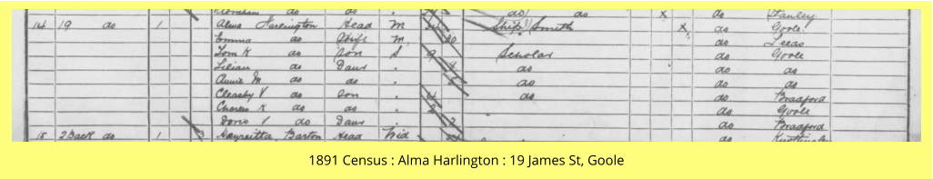 1891 Census : Alma Harlington : 19 James St, Goole