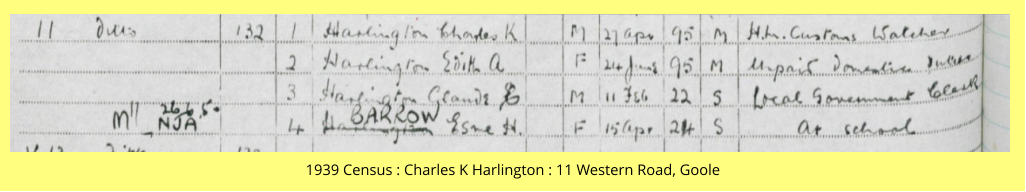 1939 Census : Charles K Harlington : 11 Western Road, Goole