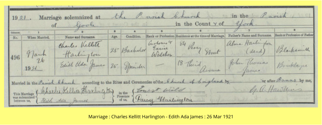 Marriage : Charles Kellitt Harlington - Edith Ada James : 26 Mar 1921