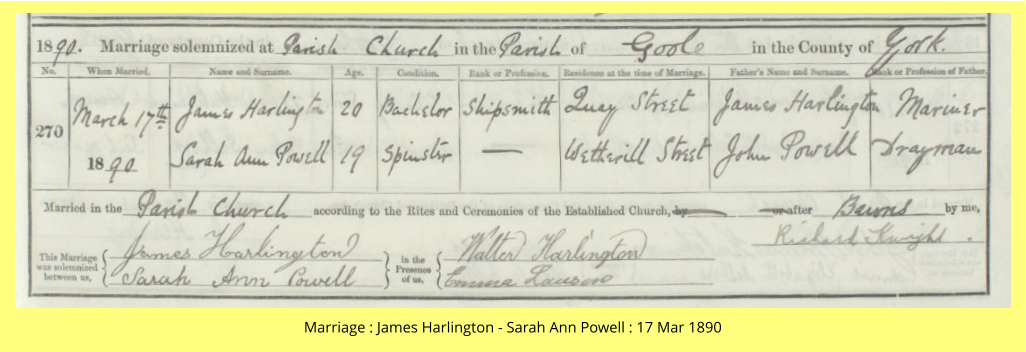 Marriage : James Harlington - Sarah Ann Powell : 17 Mar 1890