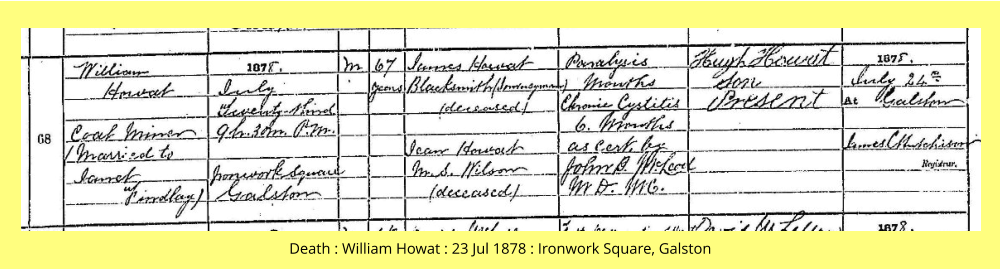 Death : William Howat : 23 Jul 1878 : Ironwork Square, Galston