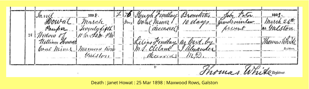 Death : Janet Howat : 25 Mar 1898 : Maxwood Rows, Galston