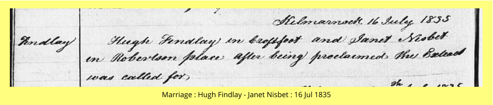 Marriage : Hugh Findlay - Janet Nisbet : 16 Jul 1835