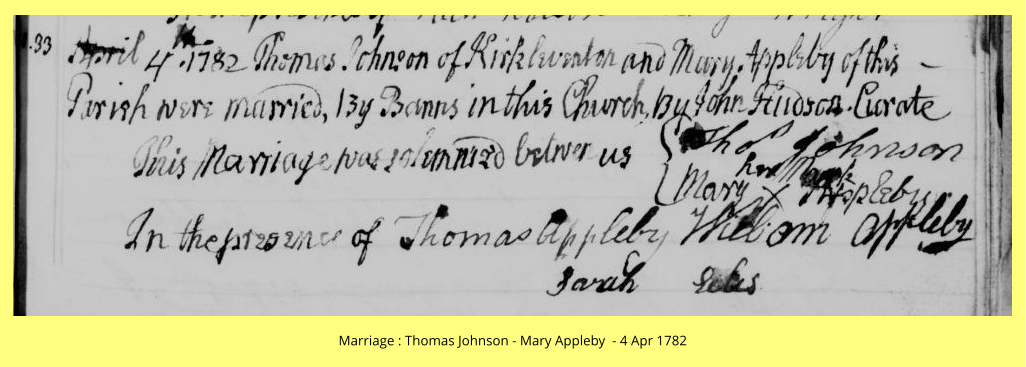 Marriage : Thomas Johnson - Mary Appleby  - 4 Apr 1782