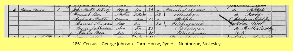 1861 Census  : George Johnson - Farm House, Rye Hill, Nunthorpe, Stokesley