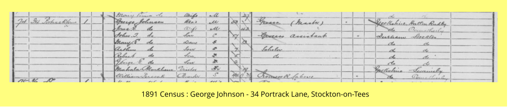 1891 Census : George Johnson - 34 Portrack Lane, Stockton-on-Tees