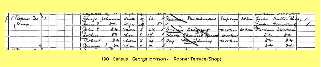 1901 Census : George Johnson - 1 Ropner Terrace (Shop)