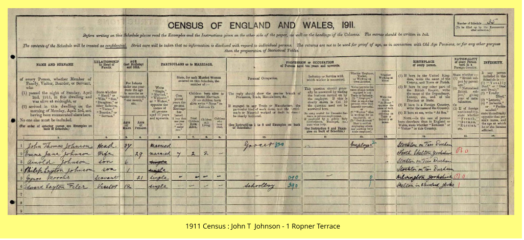 1911 Census : John T  Johnson - 1 Ropner Terrace