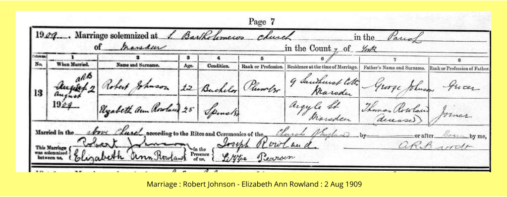 Marriage : Robert Johnson - Elizabeth Ann Rowland : 2 Aug 1909