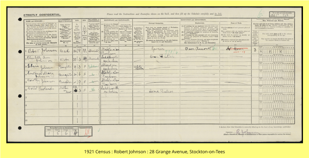 1921 Census : Robert Johnson : 28 Grange Avenue, Stockton-on-Tees