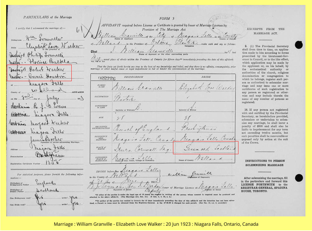 Marriage : William Granville - Elizabeth Love Walker : 20 Jun 1923 : Niagara Falls, Ontario, Canada