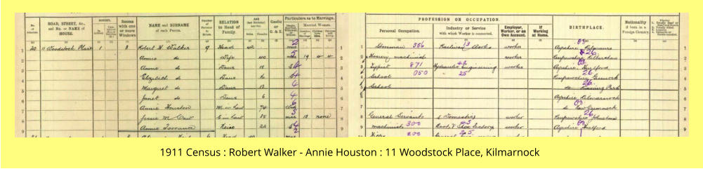 1911 Census : Robert Walker - Annie Houston : 11 Woodstock Place, Kilmarnock