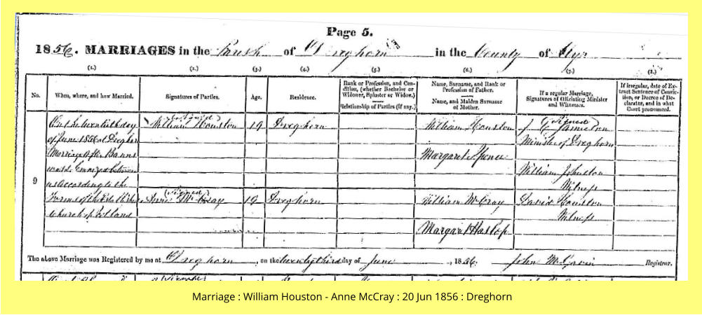 Marriage : William Houston - Anne McCray : 20 Jun 1856 : Dreghorn
