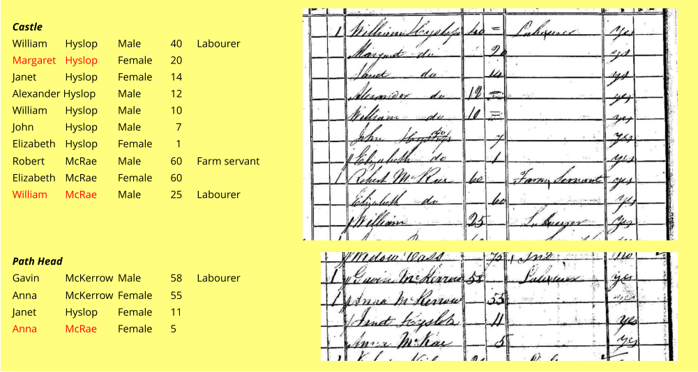 Castle William 	Hyslop	Male		40	Labourer		 Margaret 	Hyslop	Female	20	 Janet		Hyslop	Female	14 Alexander Hyslop	Male		12 William 	Hyslop	Male		10 John		Hyslop	Male		  7 Elizabeth	Hyslop	Female	  1	  Robert	McRae	Male		60	Farm servant	 Elizabeth	McRae	Female	60				 William	McRae	Male		25	Labourer			    Path Head Gavin	McKerrow	Male		58	Labourer  Anna		McKerrow	Female	55				 Janet		Hyslop	Female	11				 Anna		McRae	Female	5