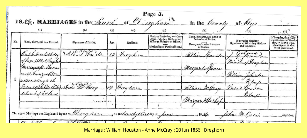 Marriage : William Houston - Anne McCray : 20 Jun 1856 : Dreghorn